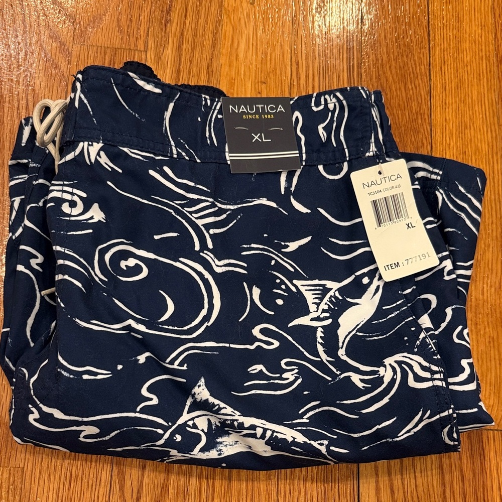Nautica Navy Swim Trunks with White Shark Design